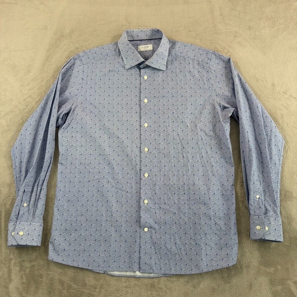 ETON‎ Contemporary Dress Shirt in Blue Geometric Poplin Men 44 17.5 NWOT $298